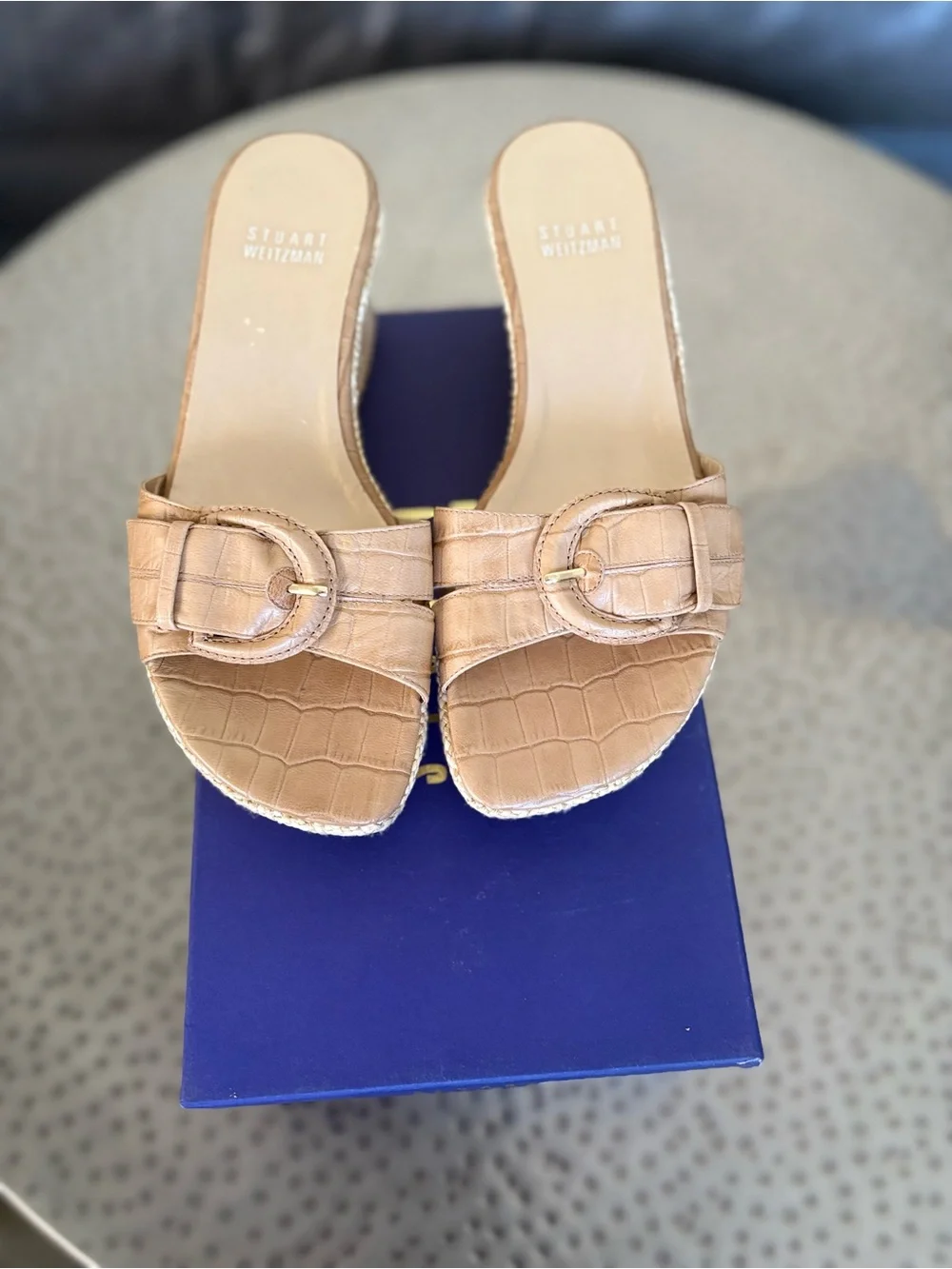 Y2K Stuart Weitzman Buckster Tan Croc Embossed Espadrille Wedge Slides Size 5.5 - Picture 6 of 9